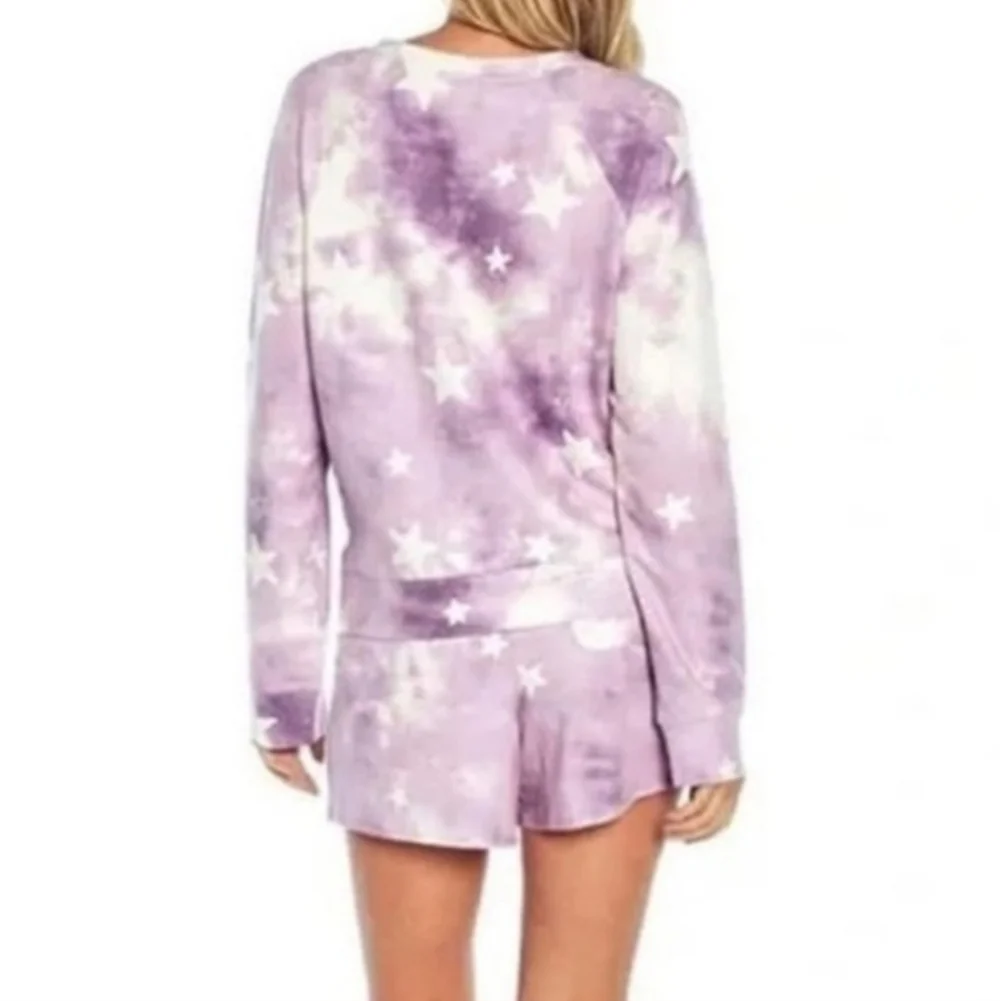 Wildfox Lounge Set Sweatshirt Shorts Tie Dye Stars Pajama PJ Purple Pink L